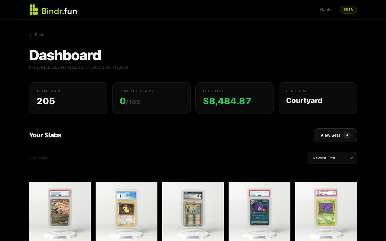 Dashboard — track your total slabs, set progress, and estimated value