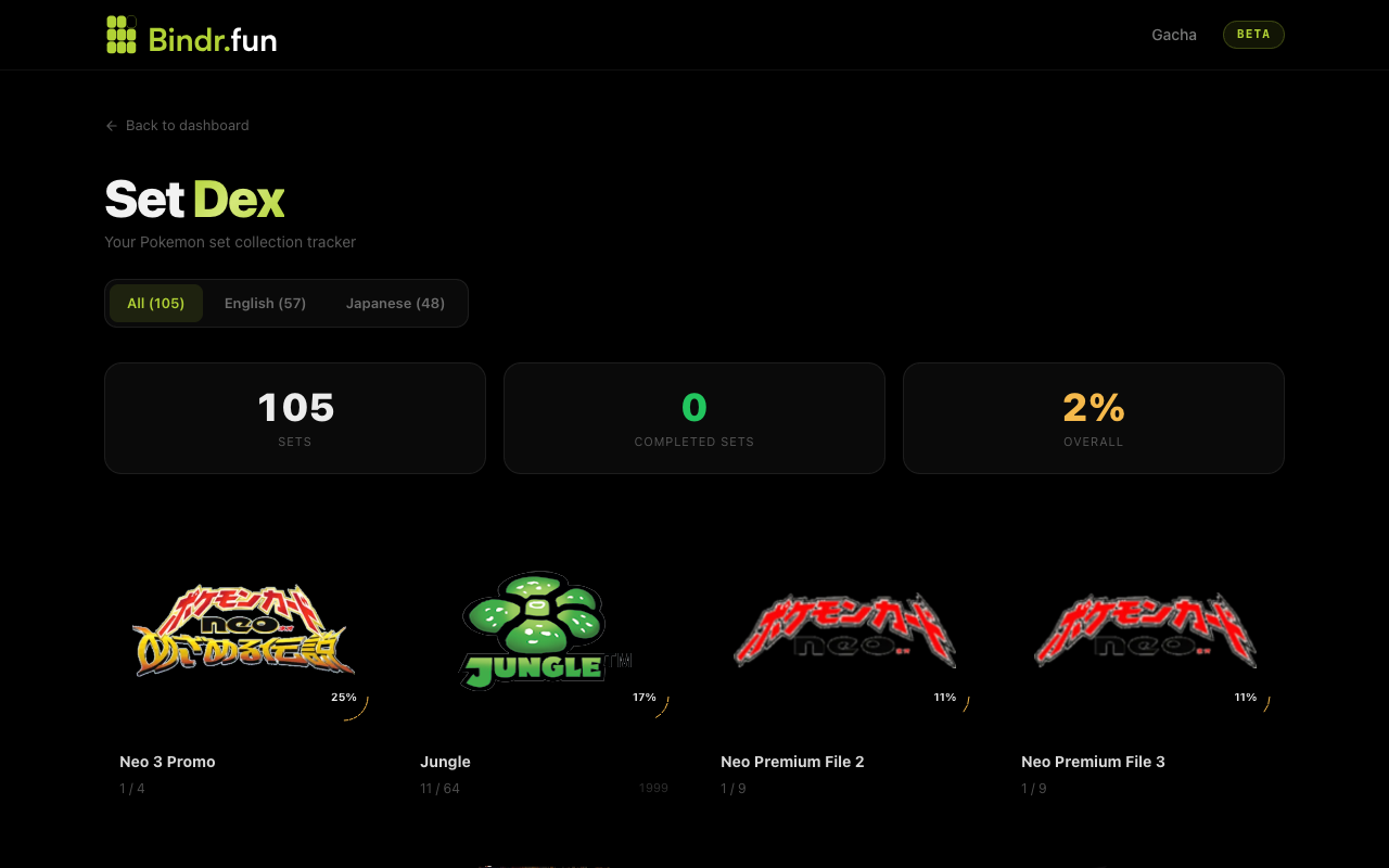 Set Dex — track completion across 150+ Pokemon TCG sets